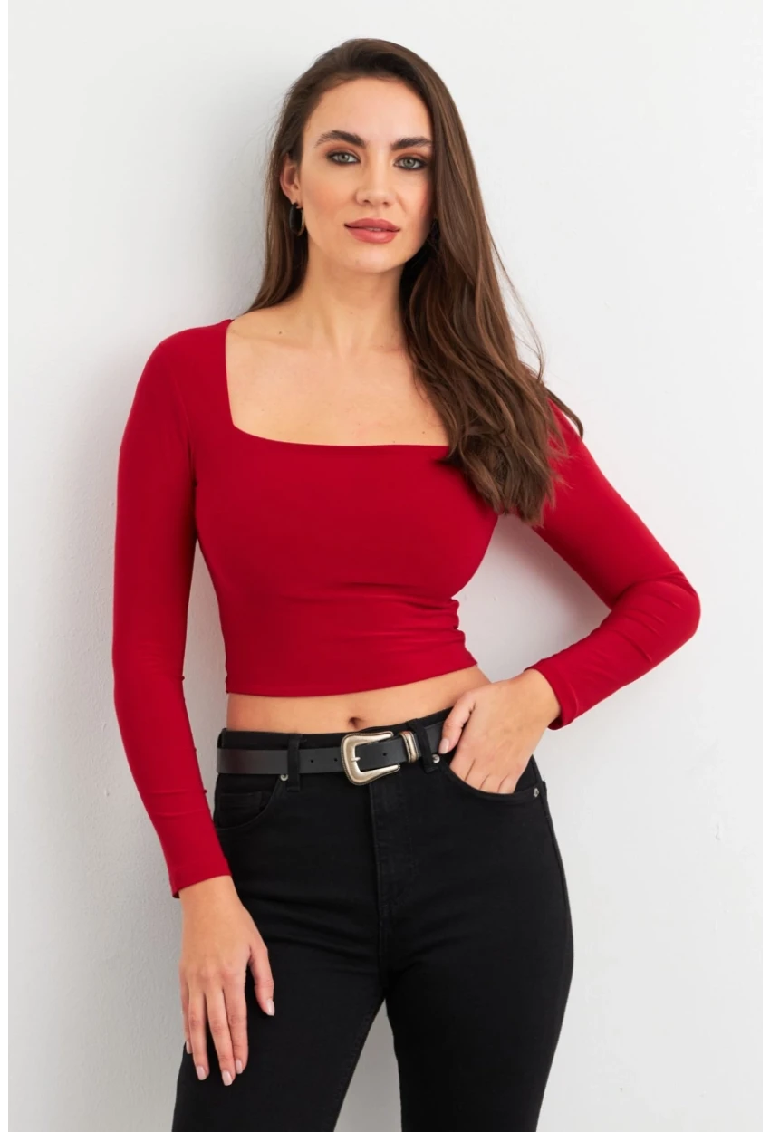 Kadın Bordo Kare Yaka Crop Bluz ELT2586