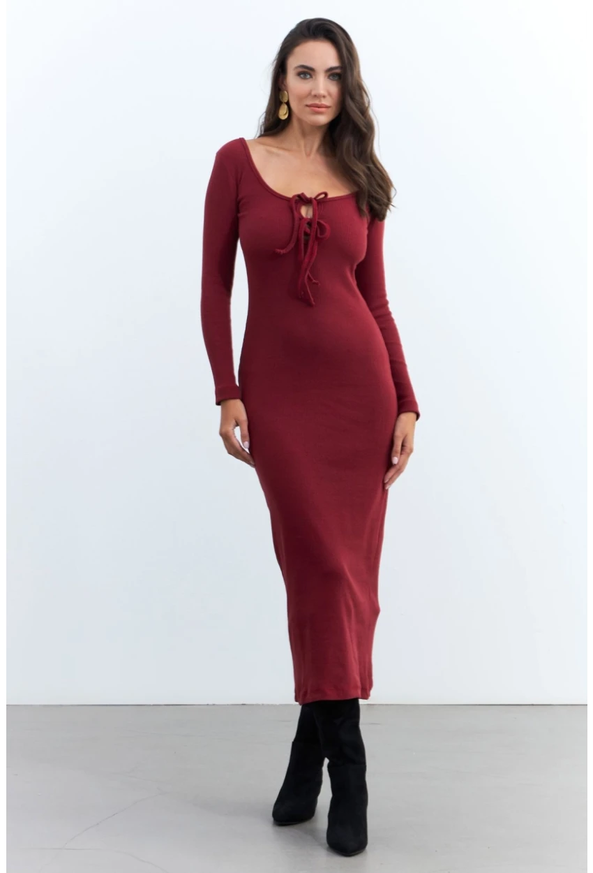 Kadın Bordo Kaşkorse Maxi Elbise EY1513