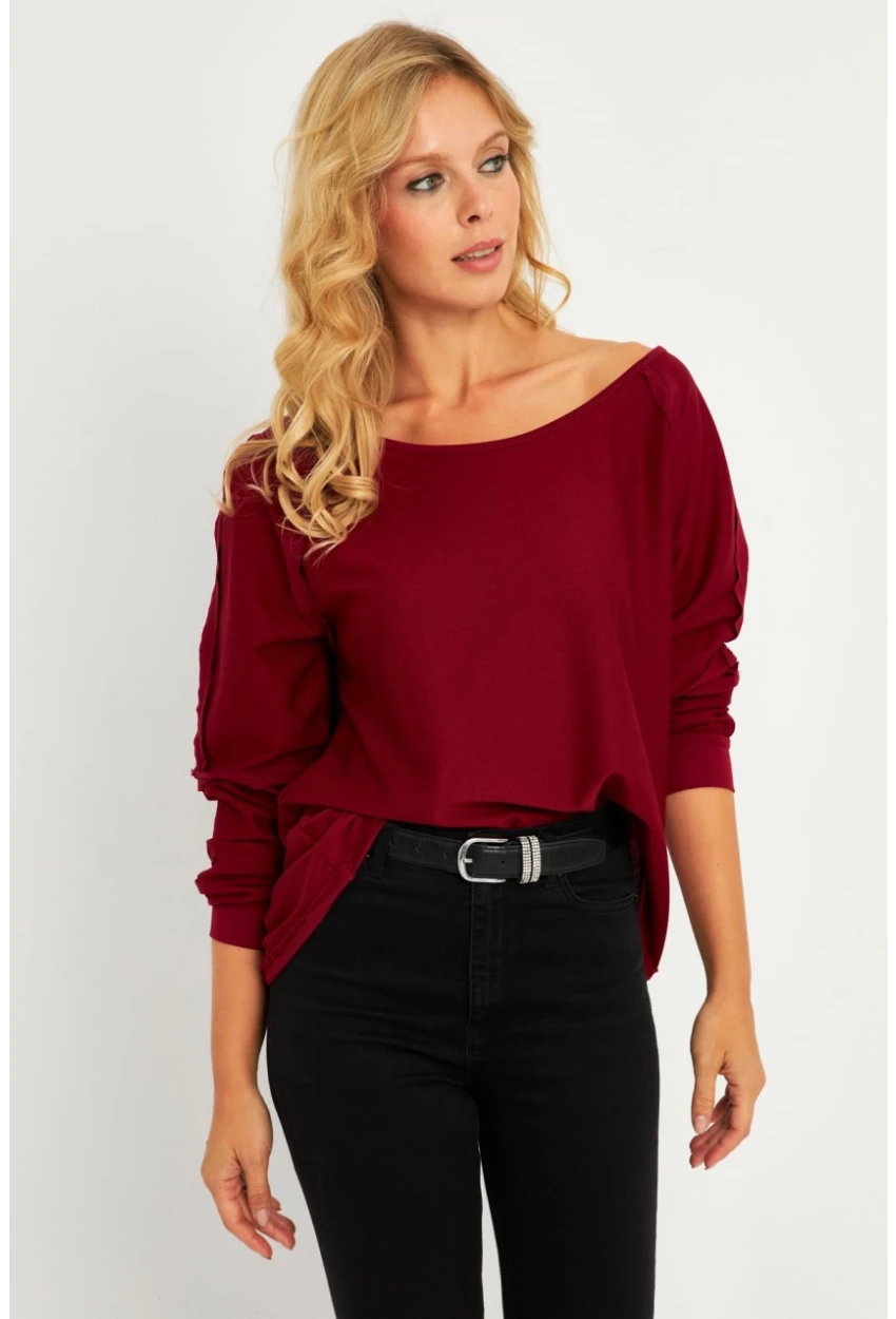 Kadın Bordo Kayık Yaka Ters Dikişli Sweatshirt TF10