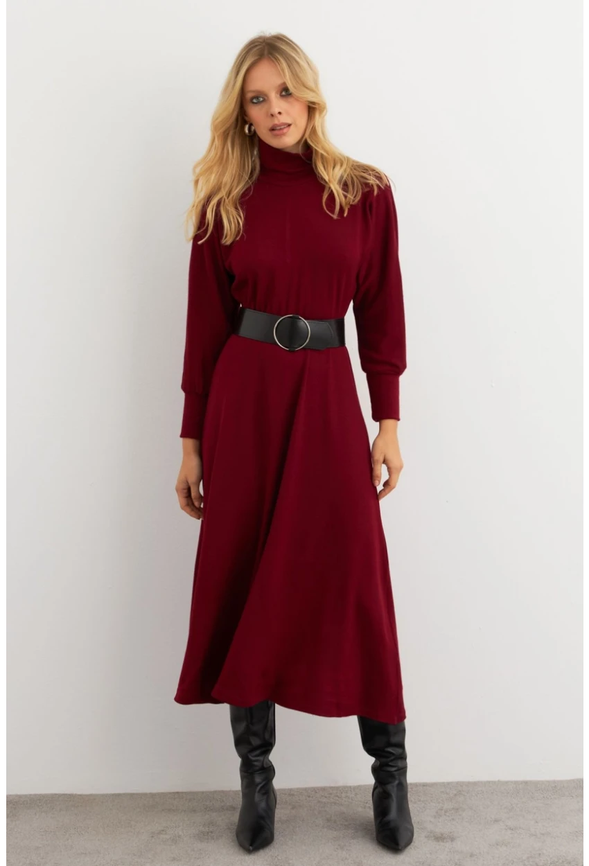 Kadın Bordo Kemerli Balıkçı Yaka Elbise MKSD992