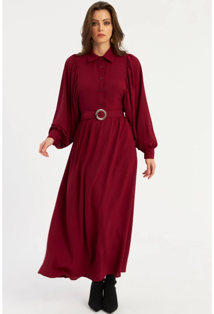 Kadın Bordo Kemerli Maxi Elbise MASF15