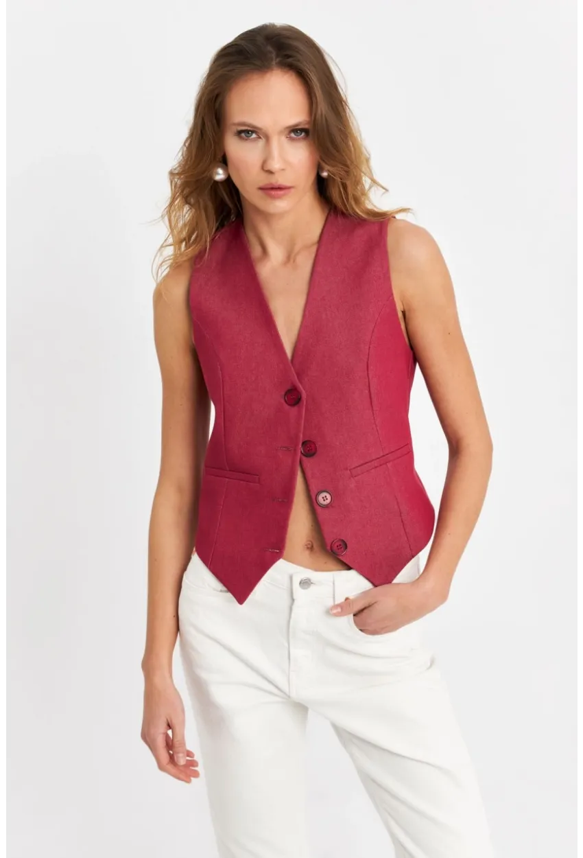 Kadın Bordo Keten Astarlı Yelek TW60046