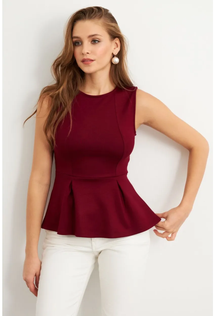 Kadın Bordo Kolsuz Peplum Bluz FLU7257