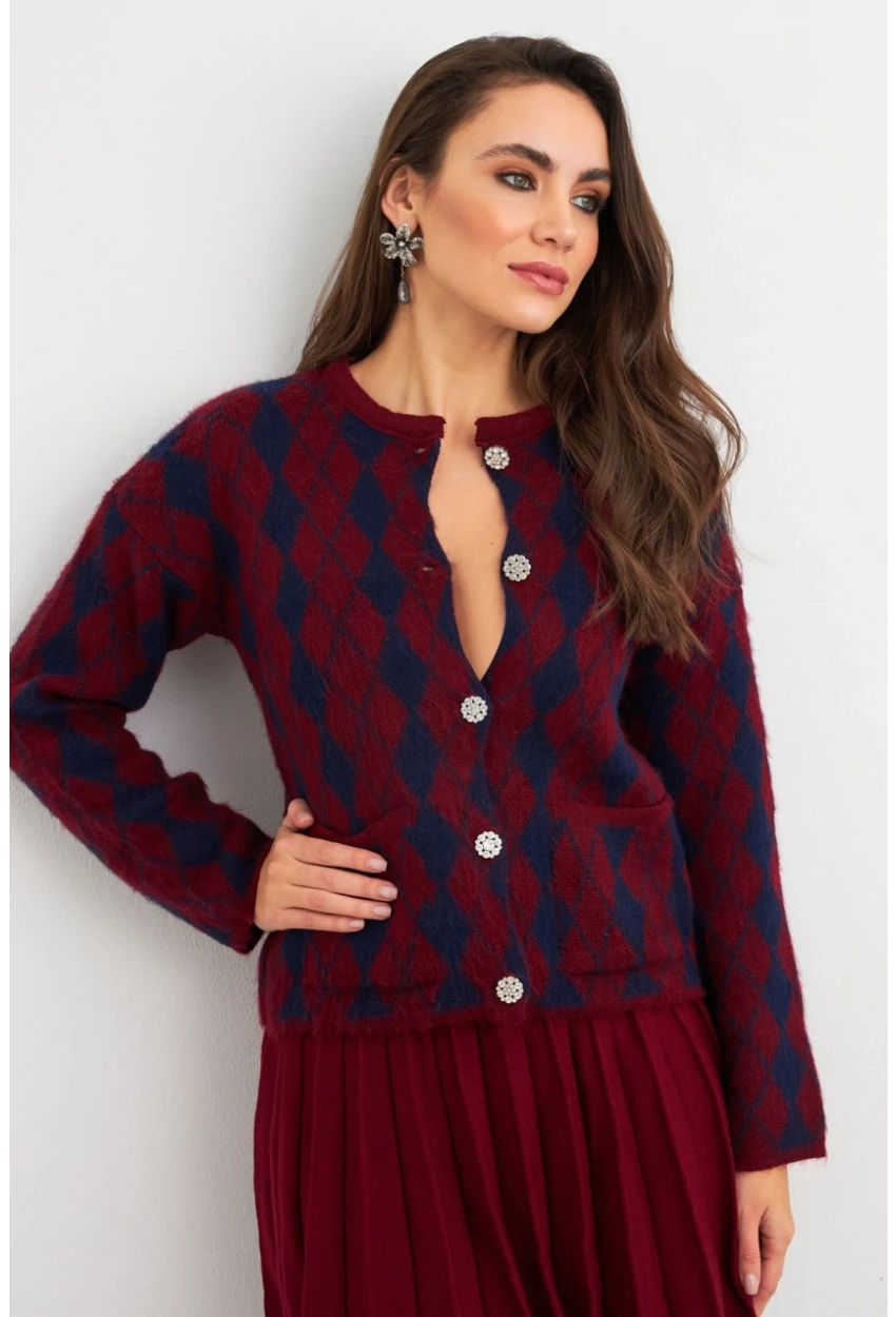 Kadın Bordo-Lacivert Düğme Detaylı Hırka ELT12022