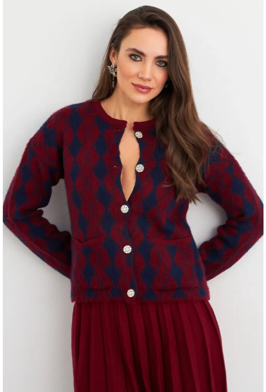 Kadın Bordo-Lacivert Düğme Detaylı Hırka ELT12022