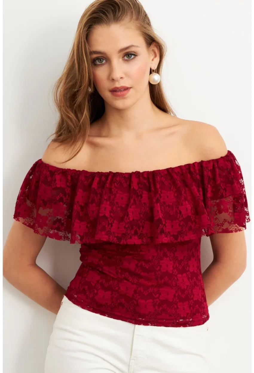 Kadın Bordo Madonna Yaka Dantel Bluz MTK13549