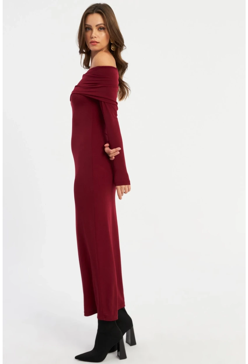 Kadın Bordo Madonna Yaka Maxi Elbise LİK10