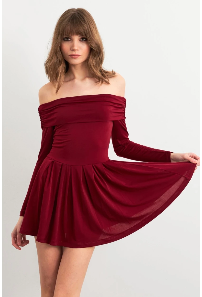 Kadın Bordo Madonna Yaka Midi Elbise MON1262