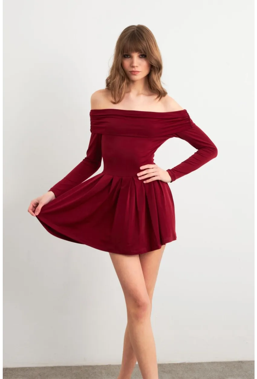 Kadın Bordo Madonna Yaka Midi Elbise MON1262