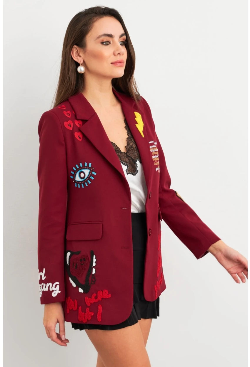Kadın Bordo Nakışlı Premium Ceket EO100