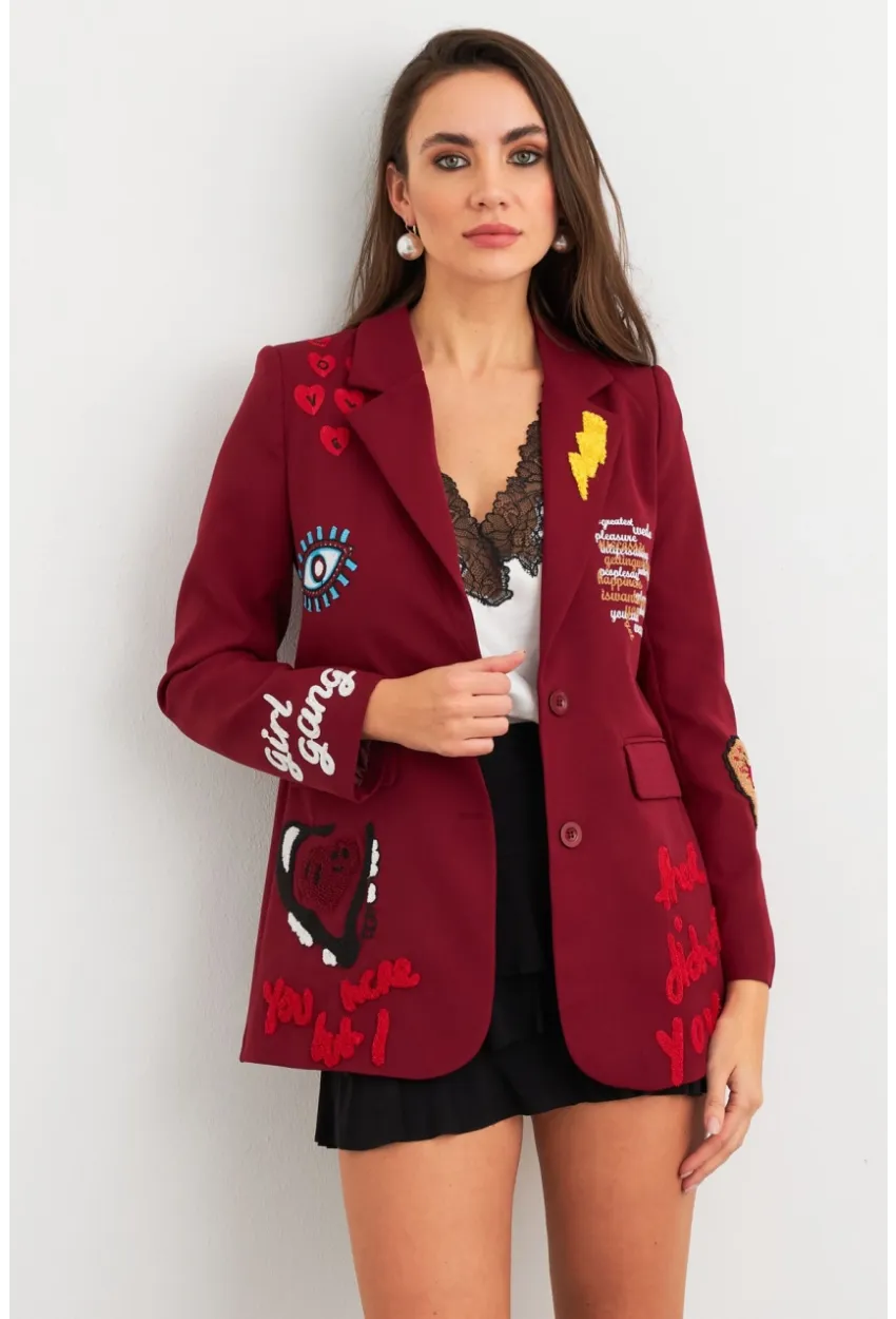 Kadın Bordo Nakışlı Premium Ceket EO100