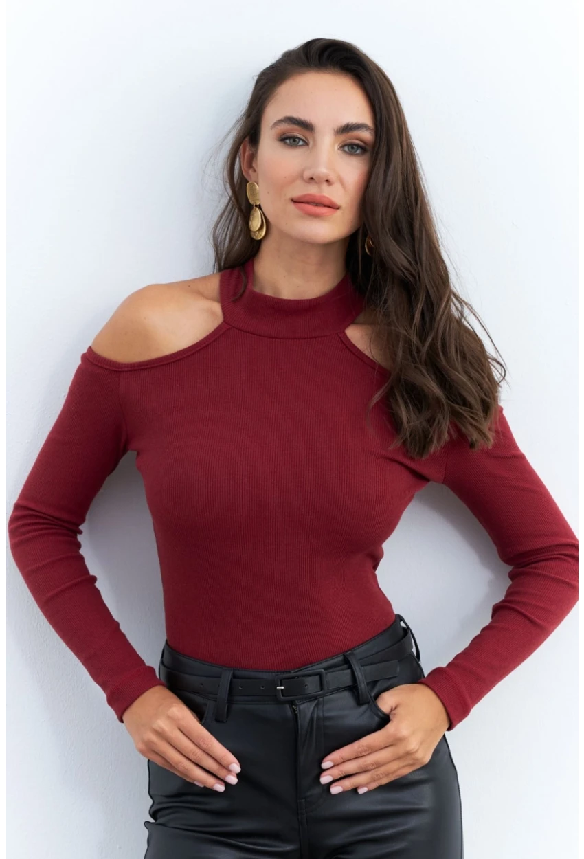 Kadın Bordo Omuzları Açık Kaşkorse Bluz EY2590