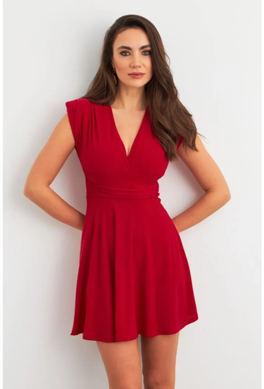 Kadın Bordo Omuzları Vatkalı Kruvaze Mini Elbise ELT3678