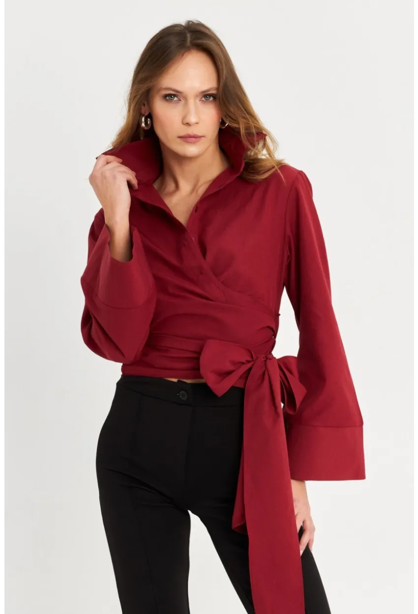 Kadın Bordo Önü Bağlamalı İspanyol Kol Gömlek MON142