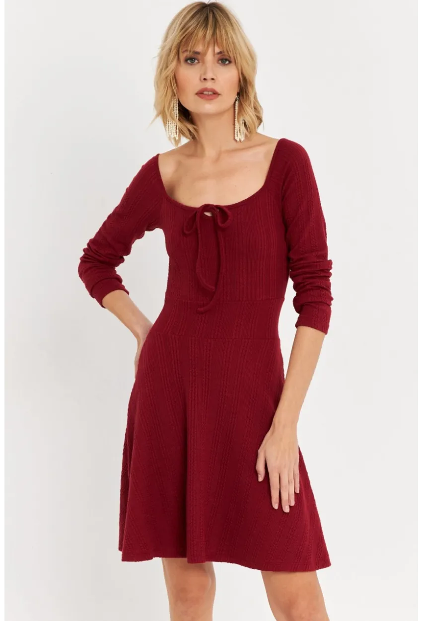 Kadın Bordo Önü Bağlamalı Mini Elbise TF59