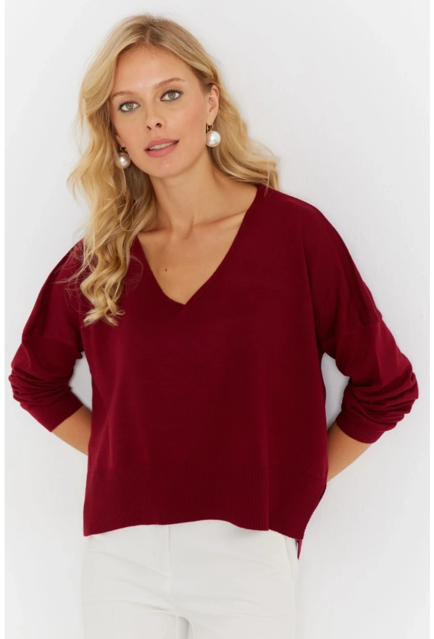 Kadın Bordo Önü Kısa Triko Kazak YİL551