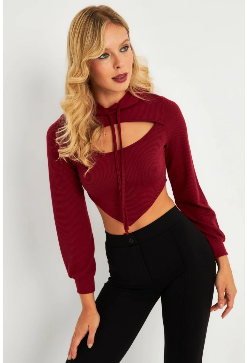 Kadın Bordo Pencereli Kapüşonlu Crop Bluz TF08