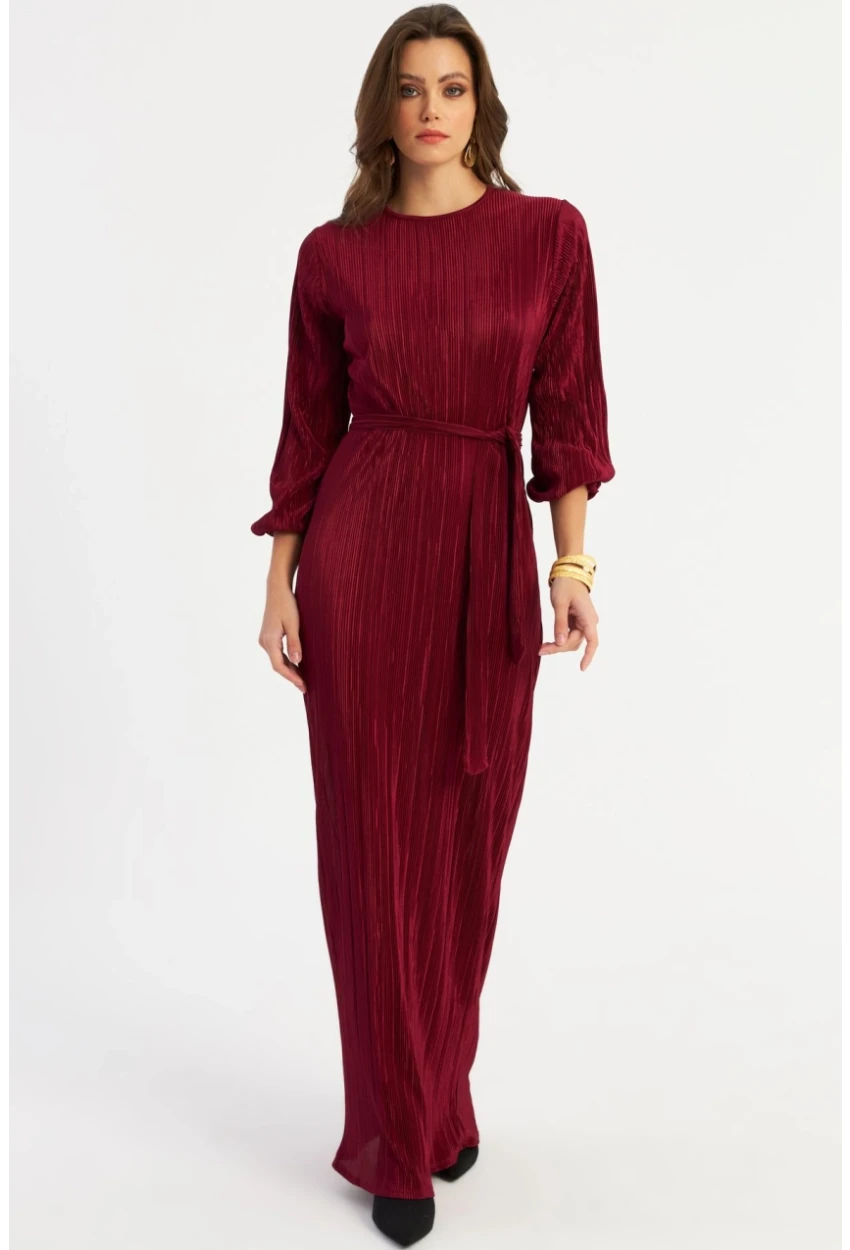 Kadın Bordo Pilise Maxi Elbise GÇ192