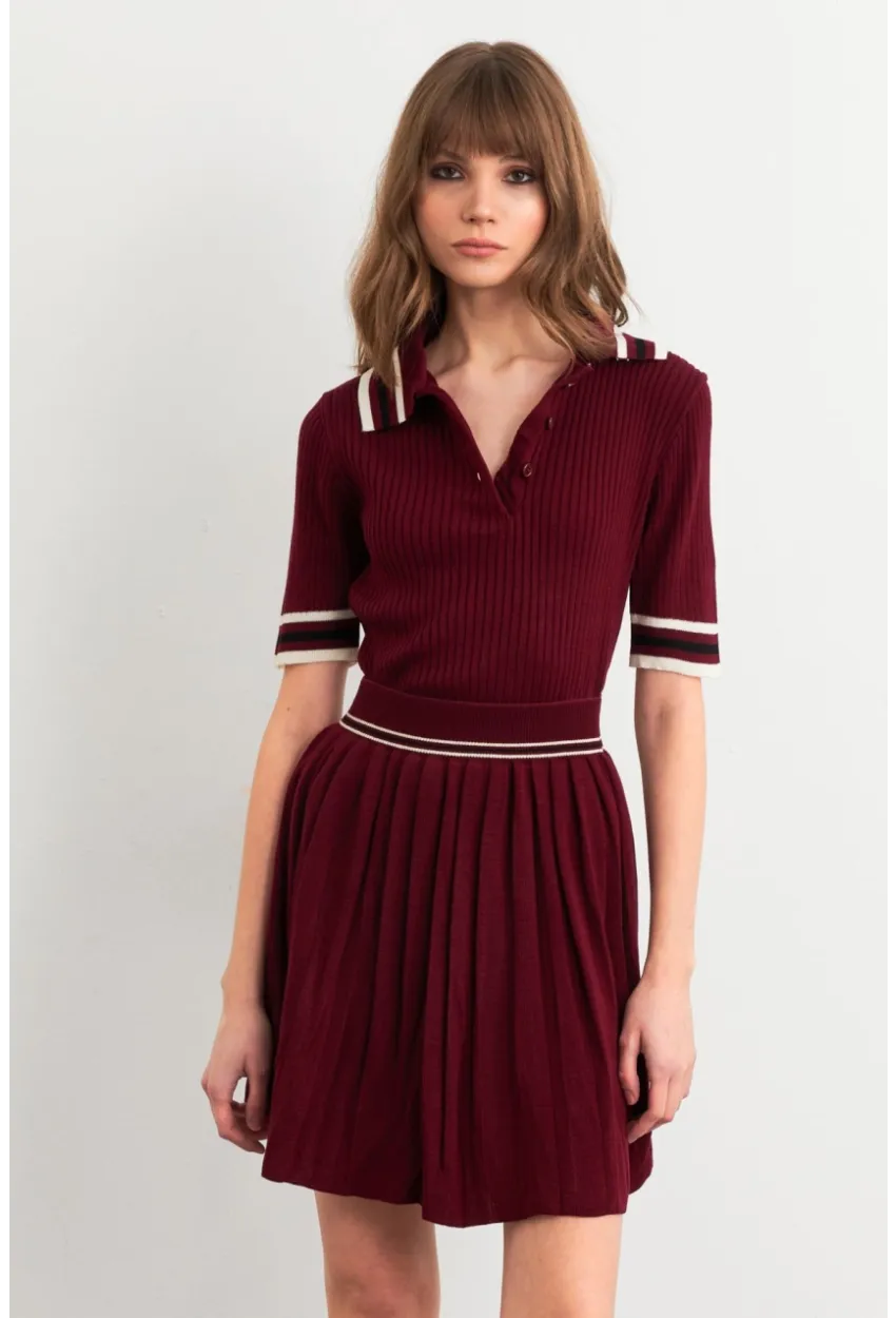 Kadın Bordo Polo Yaka Etekli Takım SF2558