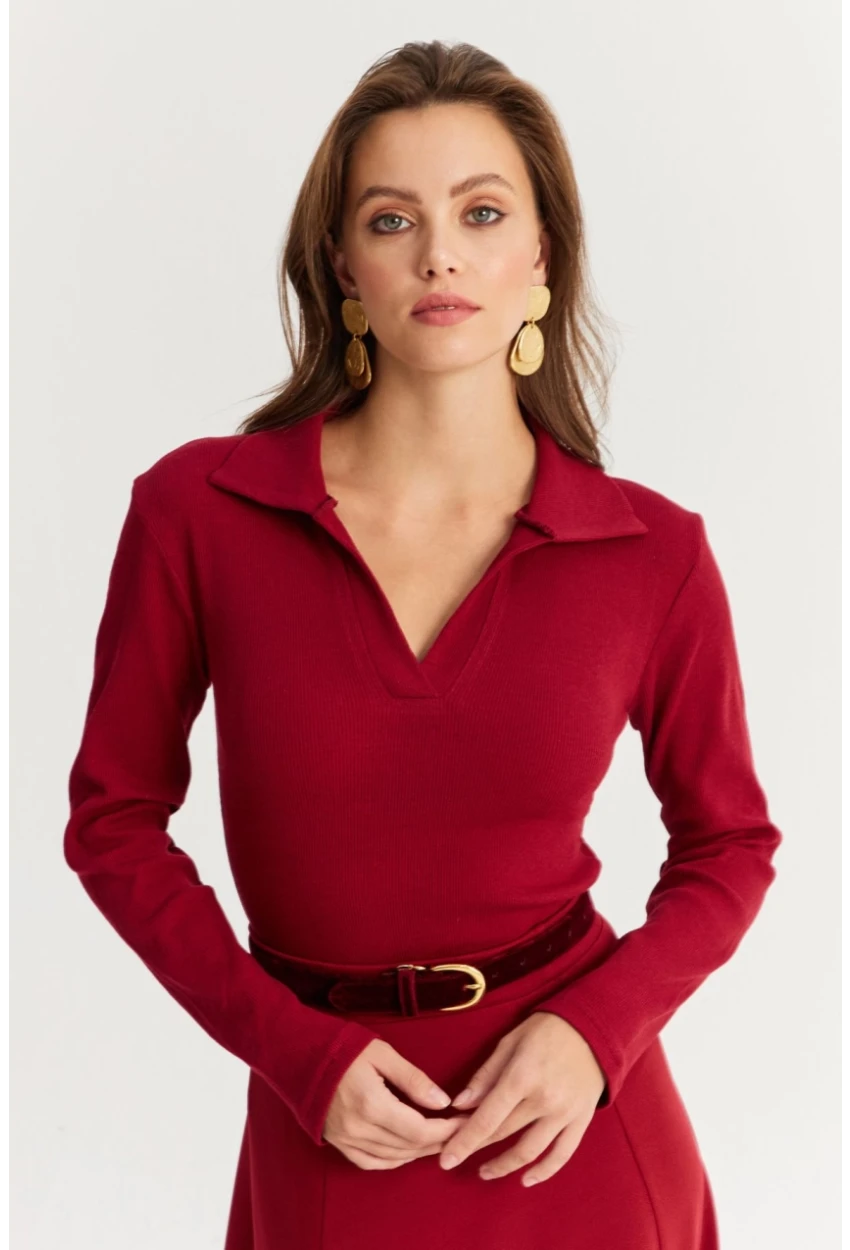 Kadın Bordo Polo Yaka Kaşkorse Bluz LON3006