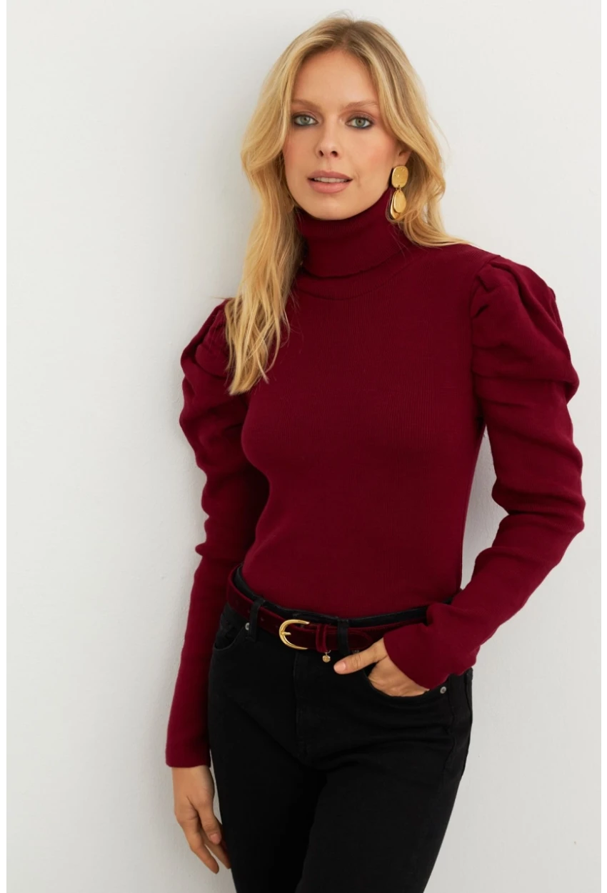 Kadın Bordo Prenses Kol Balıkçı Yaka Triko Bluz SF2555