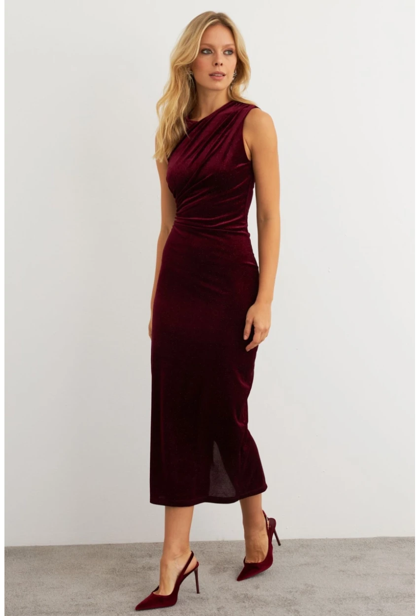 Kadın Bordo Simli Drapeli Maxi Elbise KED4481