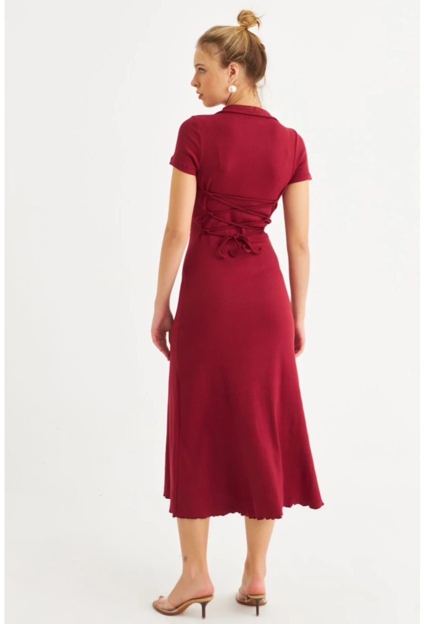 Kadın Bordo Sırt Bağlamalı Kaşkorse Midi Elbise MFRY0001