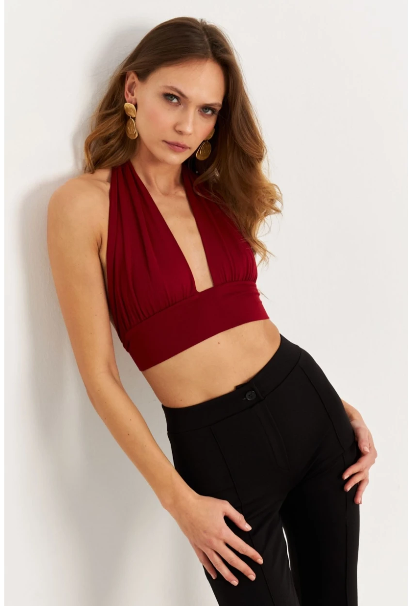 Kadın Bordo Sırt Ve Boyun Bağlamalı Bluz EY1472