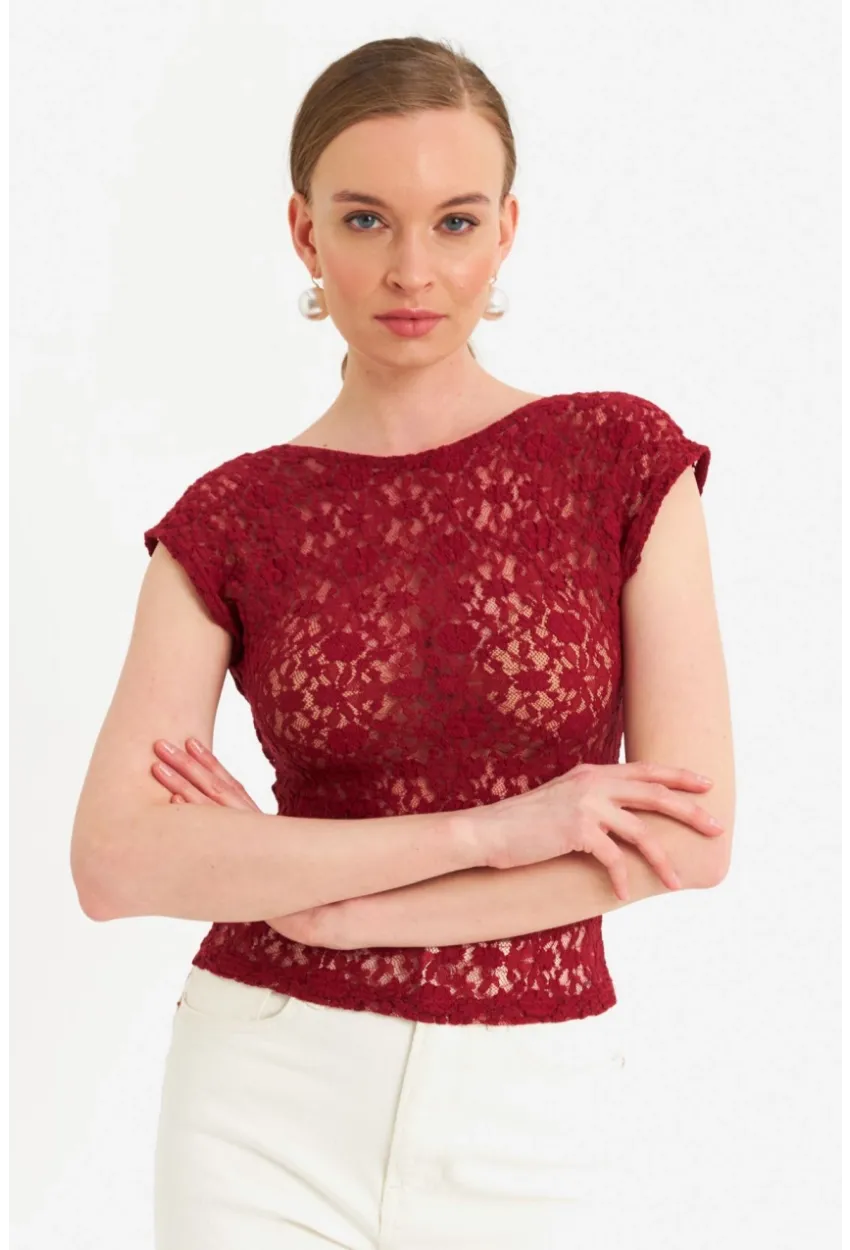 Kadın Bordo Sırtı Açık Dantel Bluz ZH04