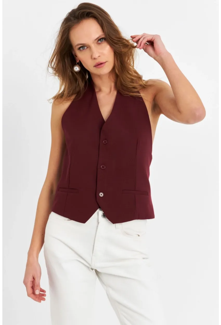 Kadın Bordo Sırtı Açık Yelek CAR1143