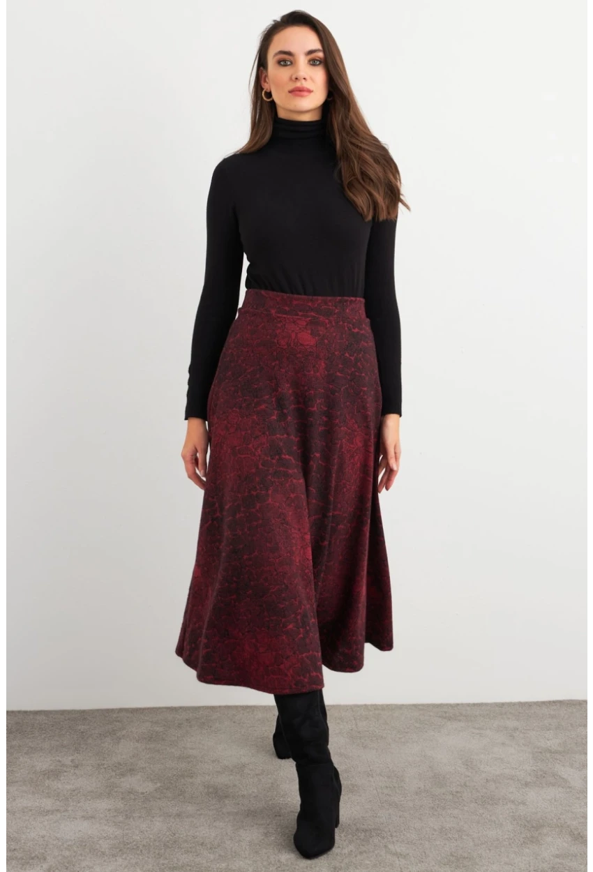 Kadın Bordo-Siyah Desenli Çan Etek MLON3007