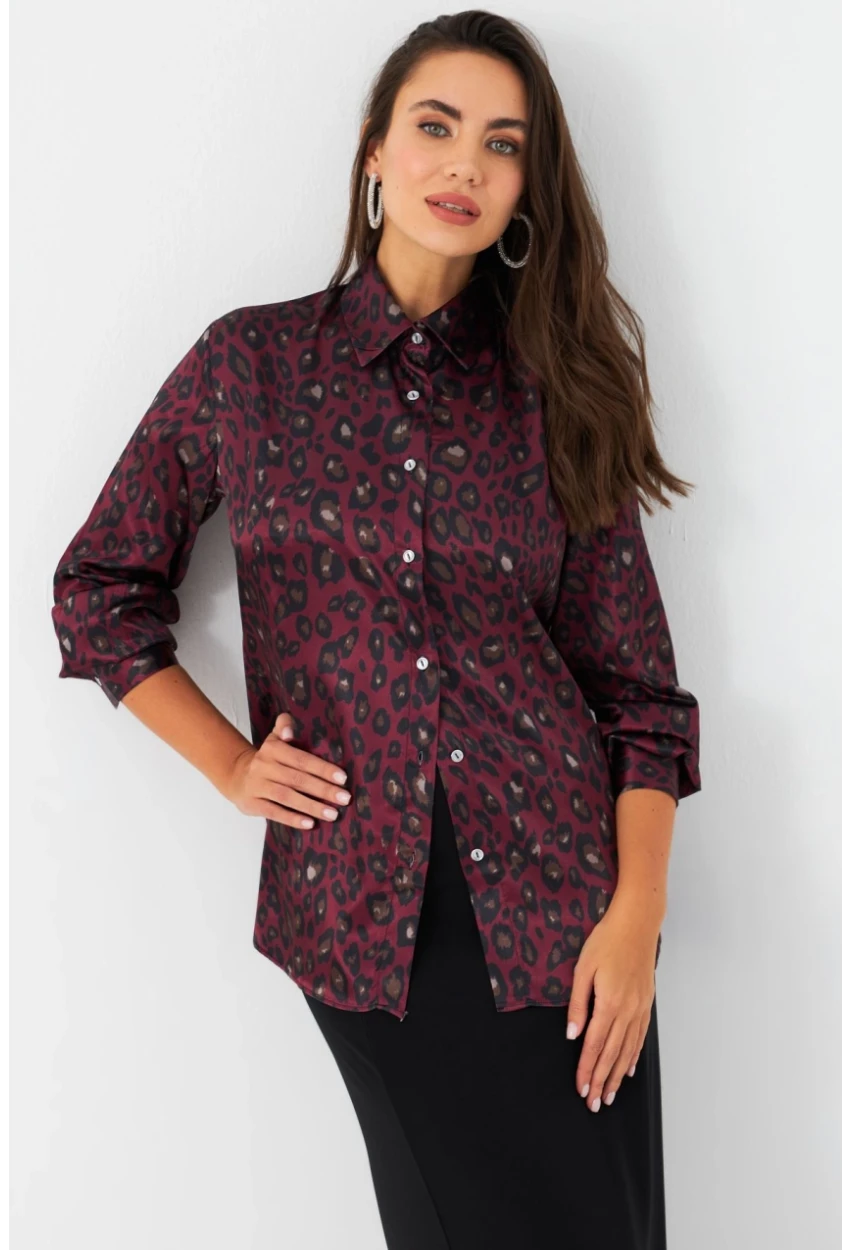 Kadın Bordo-Siyah Leopar Desenli Saten Gömlek MRAD5901-1