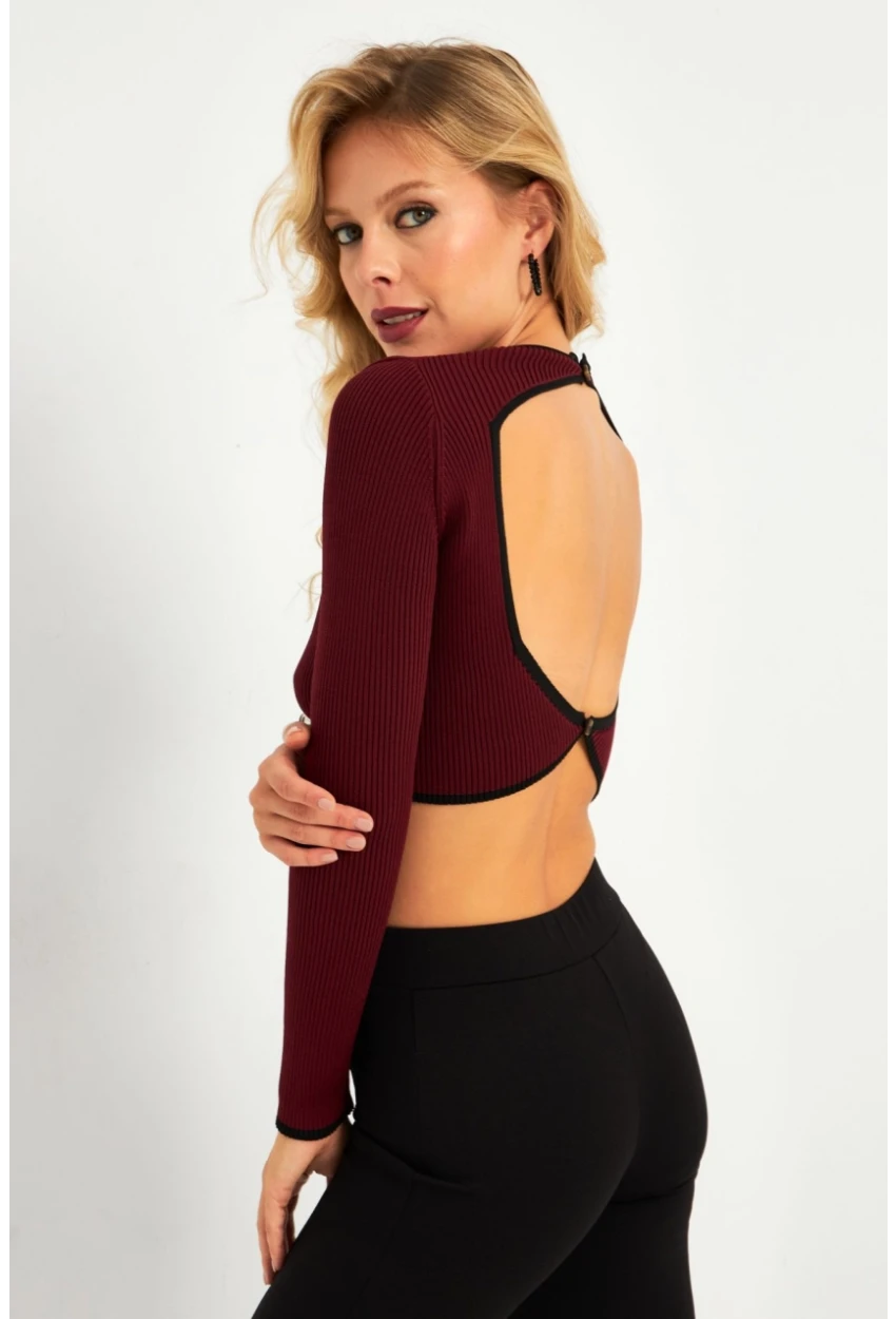 Kadın Bordo-Siyah Sırtı Açık Bluz YV270