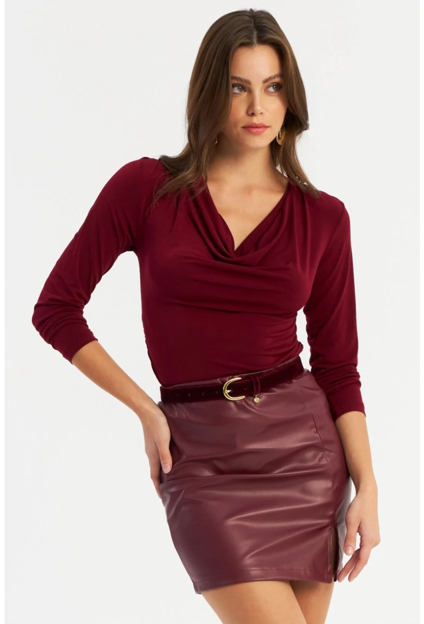 Kadın Bordo Suni Deri Mini Etek FRY2242