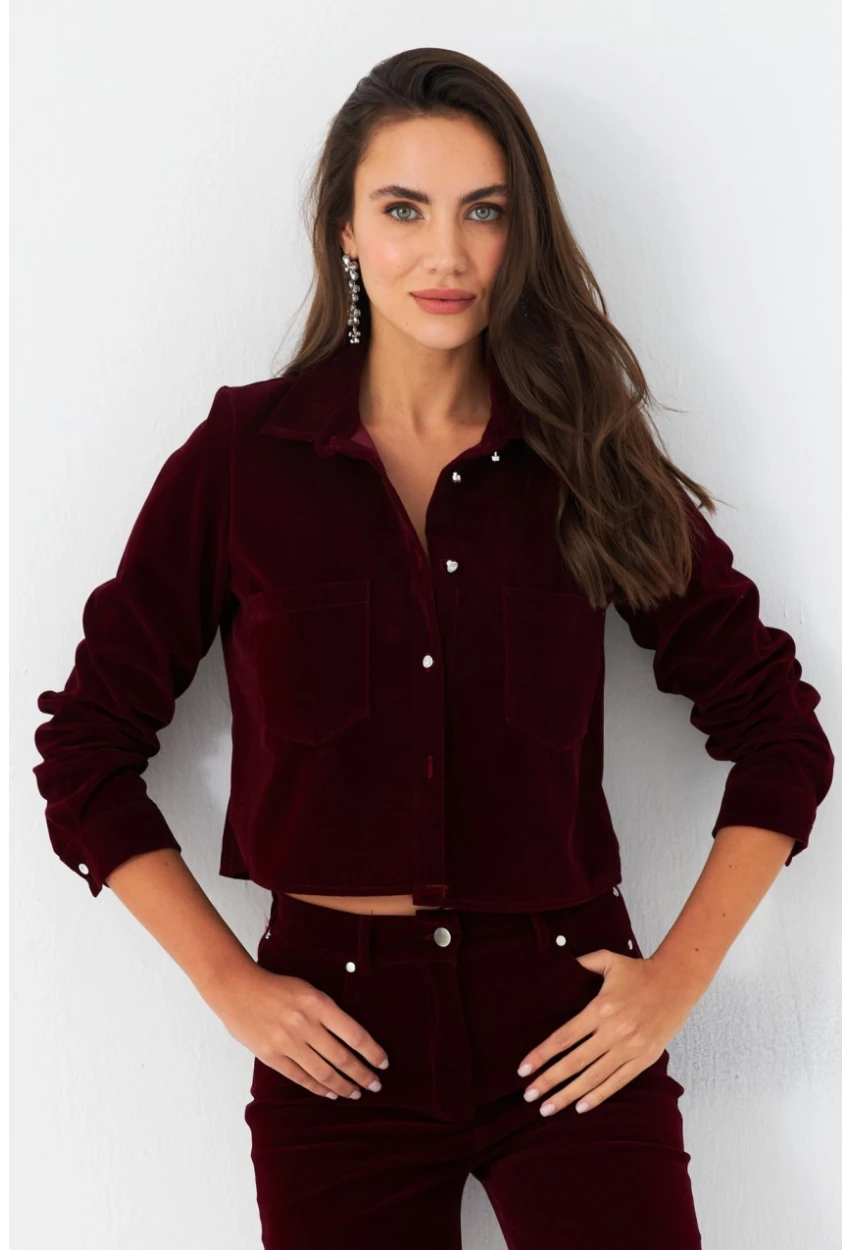 Kadın Bordo Taş Düğmeli Kadife Gömlek Ceket CAR1075