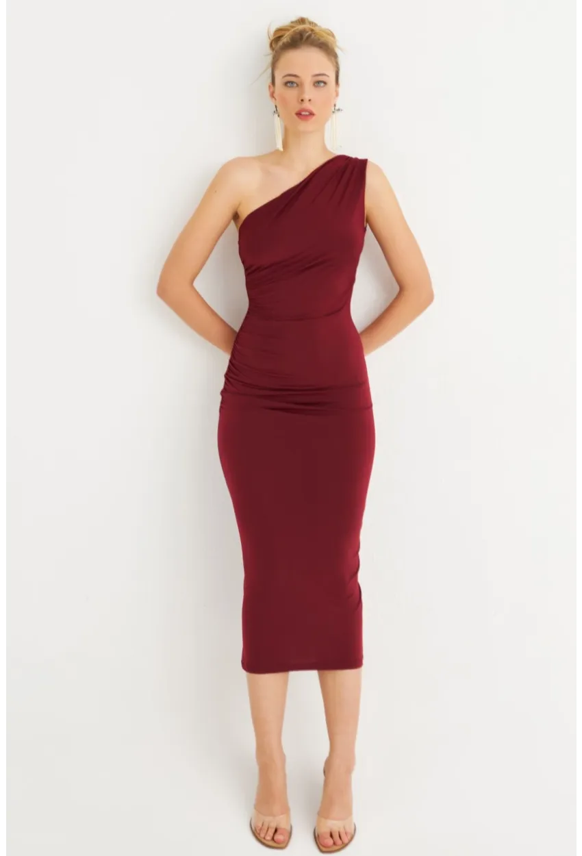 Kadın Bordo Tek Omuz Büzgülü Midi Elbise DMR294-90