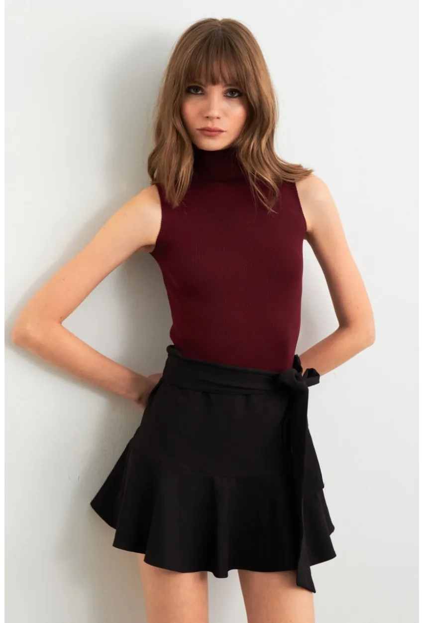 Kadın Bordo Triko Kolsuz Bluz YV305