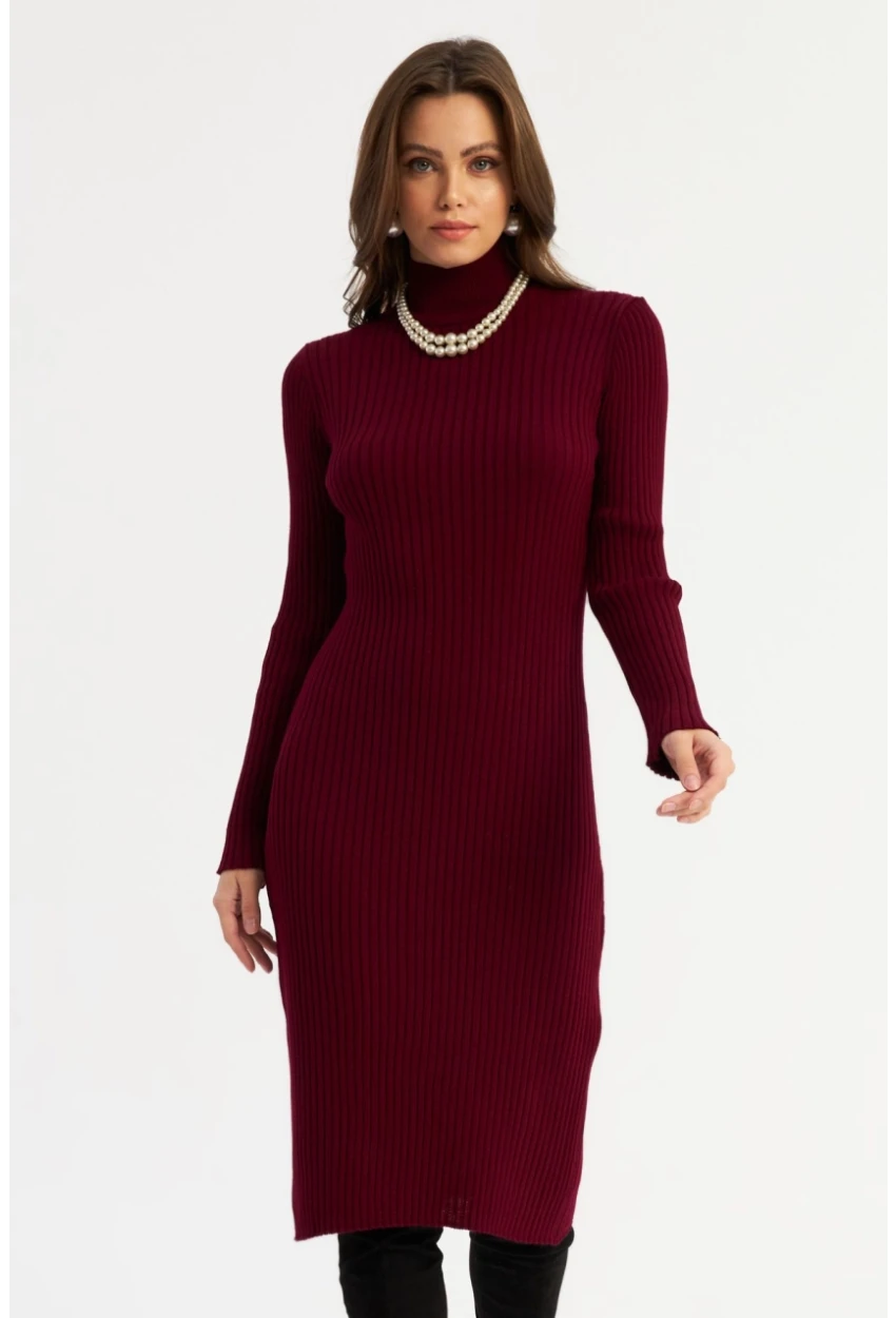 Kadın Bordo Triko Midi Elbise YV303