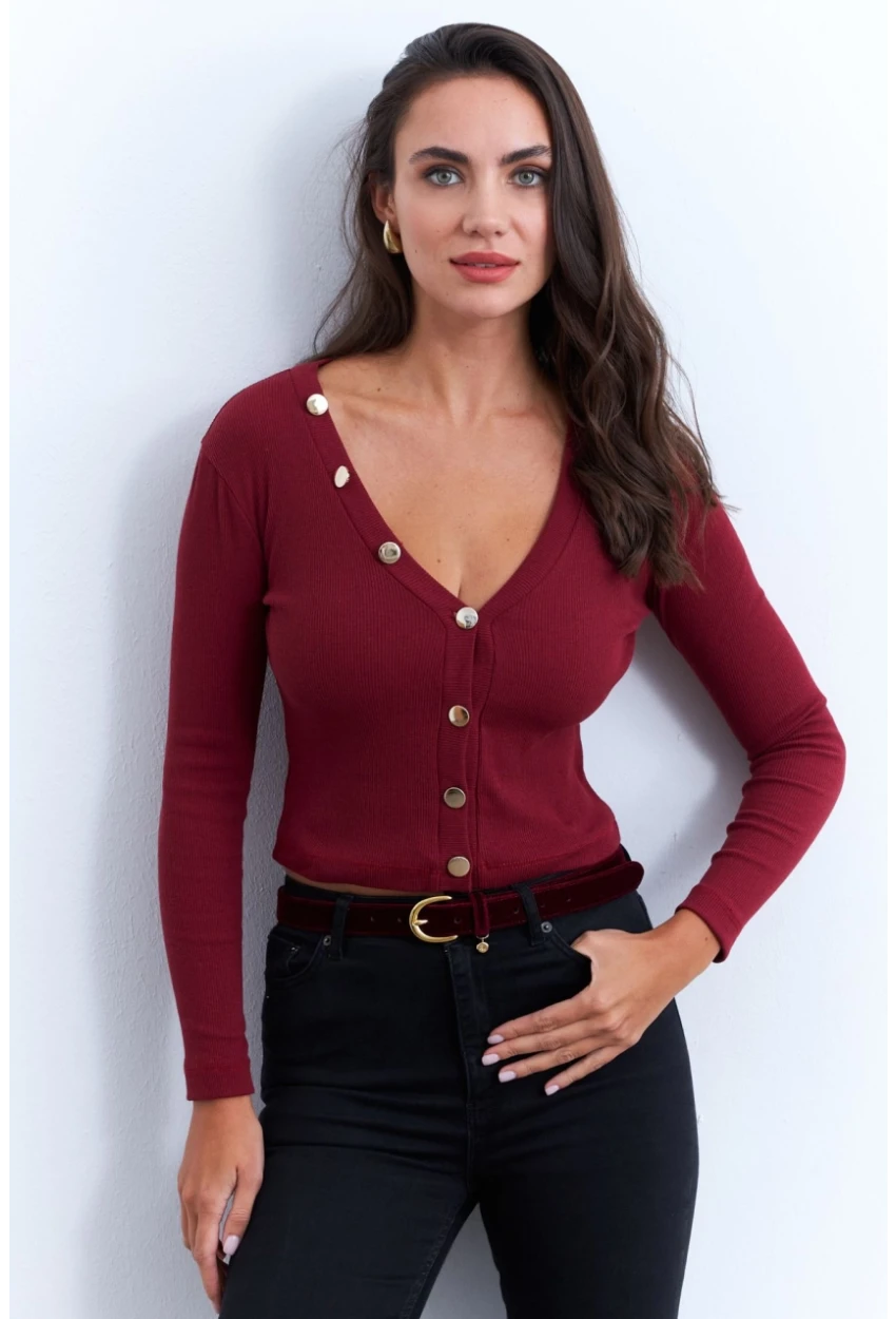 Kadın Bordo V Yaka Düğme Detaylı Bluz EY2952