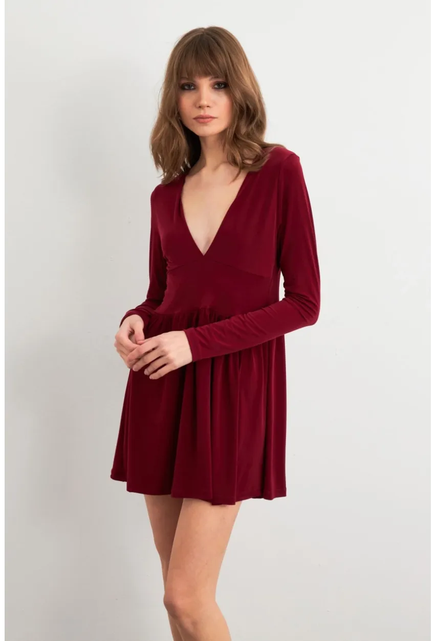 Kadın Bordo V Yaka Mini Elbise LİK17