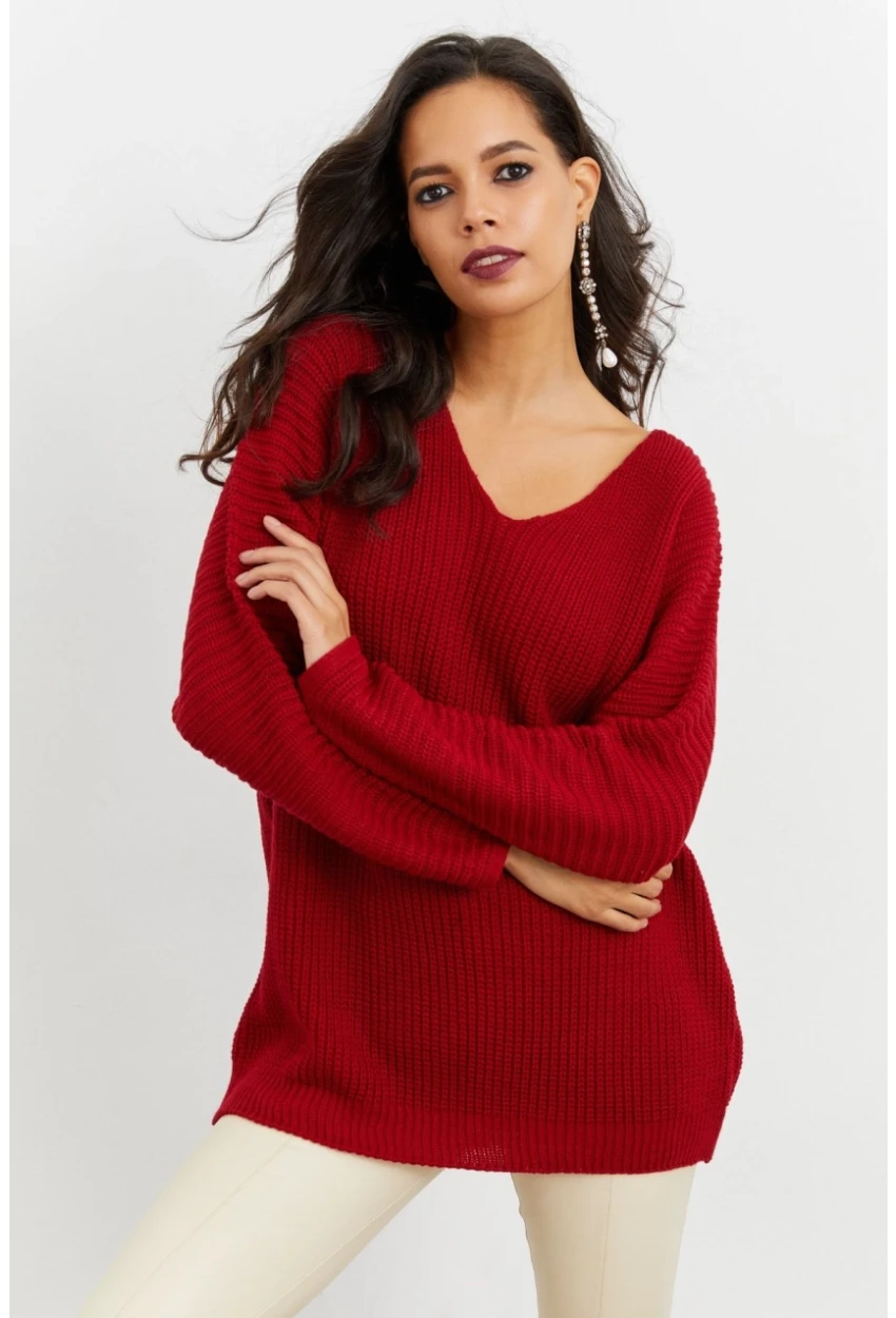 Kadın Bordo V Yaka Salaş Triko Tunik SMT158