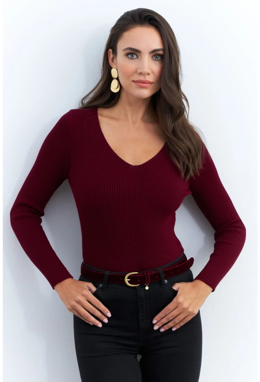 Kadın Bordo V Yaka Triko Bluz YV284