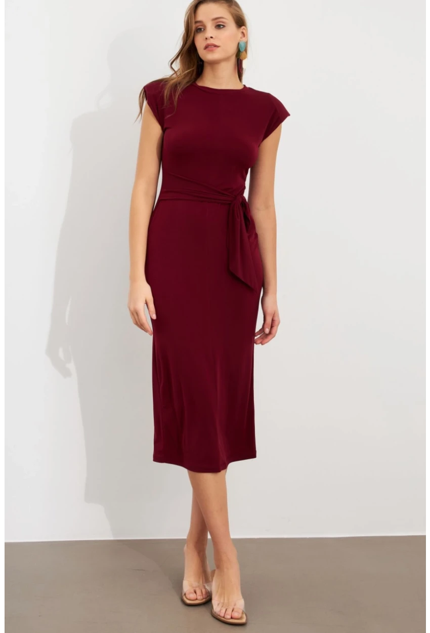 Kadın Bordo Vatkalı Kuşaklı Midi Elbise UG713