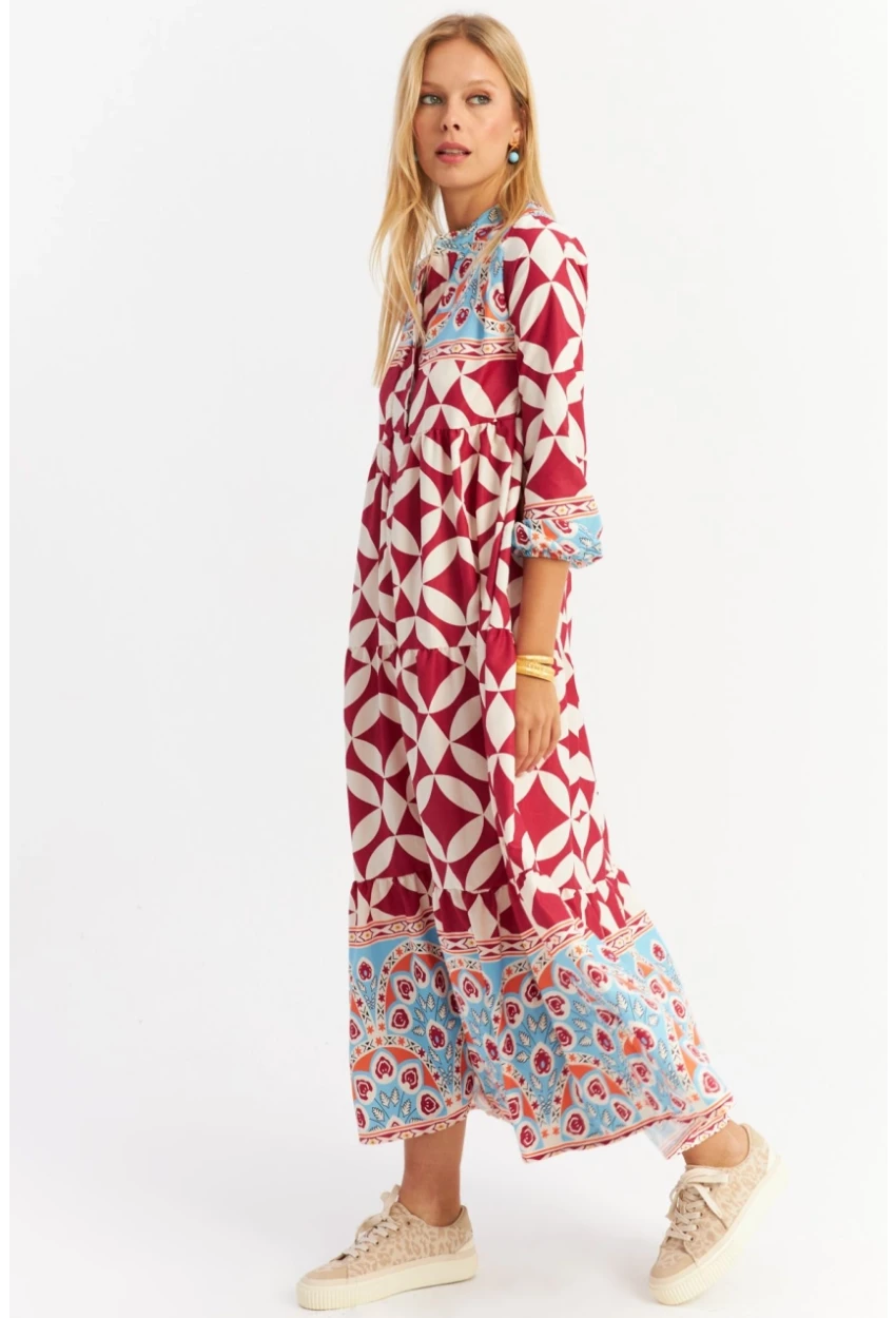 Kadın Bordo Volanlı Desenli Maxi Elbise MYLE14