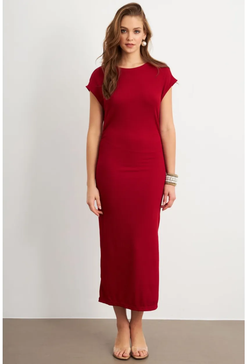 Kadın Bordo Yanları Büzgülü Midi Elbise MK35
