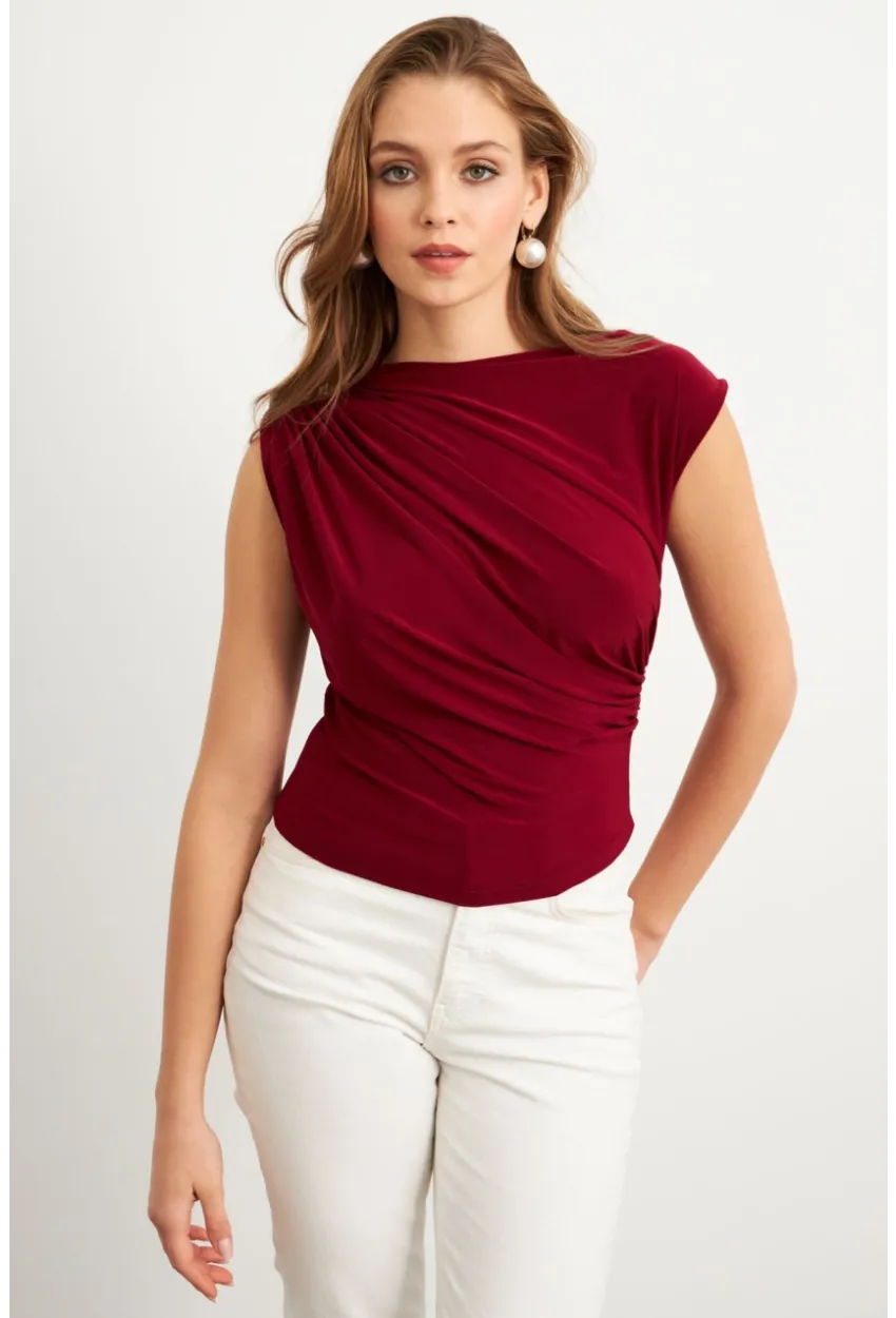 Kadın Bordo Yarım Balıkçı Desenli Bluz LPP1205