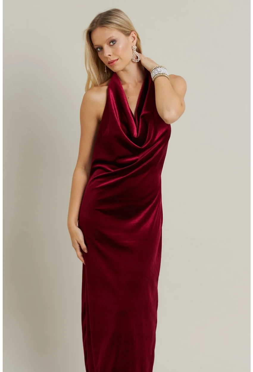 Kadın Bordo Yılbaşı Degaje Yaka Uzun Elbise GÇ197