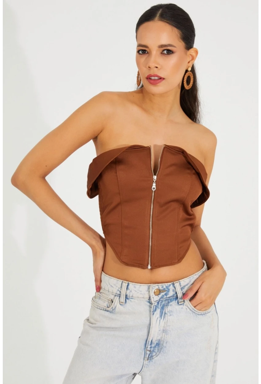 Kadın Bronz Fermuarlı Straplez Crop Bluz SF2502