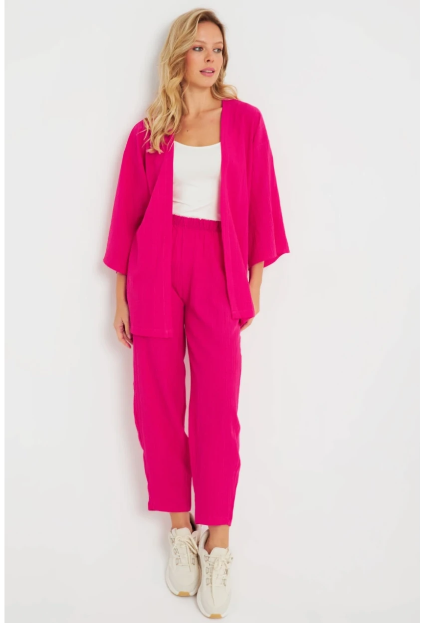 Kadın Bürümcük Kimono Takım Fuşya Q983