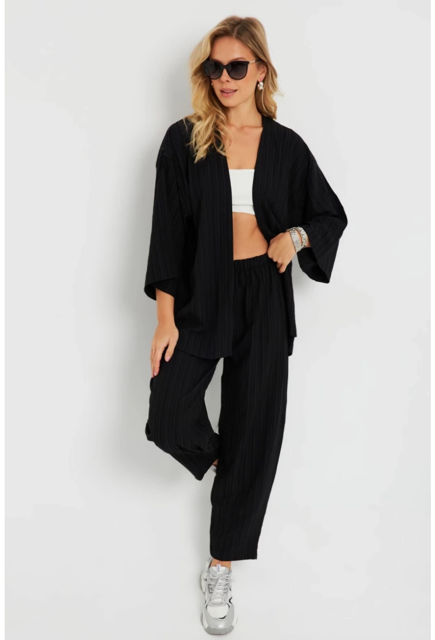 Kadın Bürümcük Kimono Takım Siyah Q983